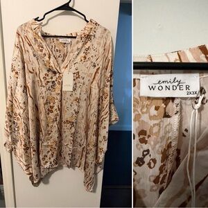 Emily Wonder Women's Floral Blouse - Cream and Brown
